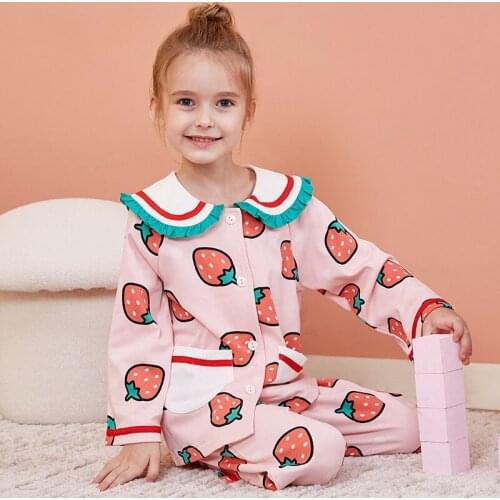 Children Kids Pyjamas Cotton Tops Pants Winter Spring Long Sleeve Sleepwear Nightwear Strawberry Printing Baby Girls Pajamas Set