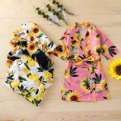 OPPERIAYA Toddler Baby Girls Fashion Sunflower Bathrobe Summer Casual Cotton Short Sleeve Home Wear Bandage Nightgown