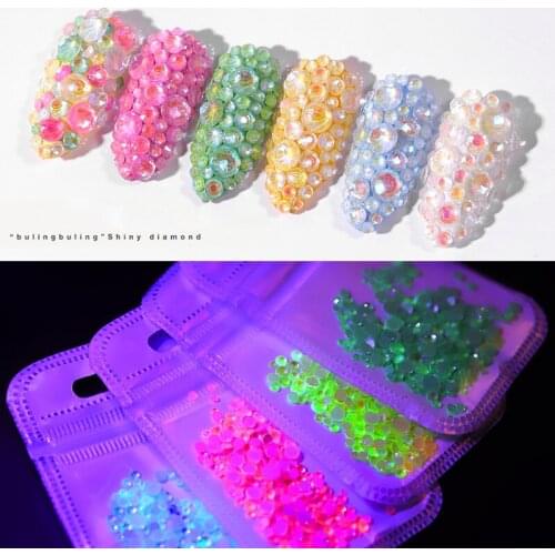 Holographic Fluorescent Luminous Crystal Mermaid beads Mixed Size 3D Nail Art Rhinestone Decorations Glitter Glow In The Dark