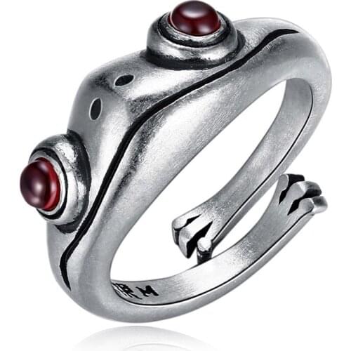 925 Sterling Silver Ring Frog Retro Personality Creative Animal Unisex Red Garnet Frog Open Adjustable Rings Jewelry