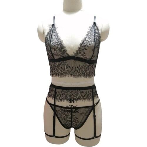New Women Sexy Lace Garter Lingerie Set Push Up Bra Underwear Garter 3 Pieces Underwire Lingerie Sets Exotic Apparel Costumes