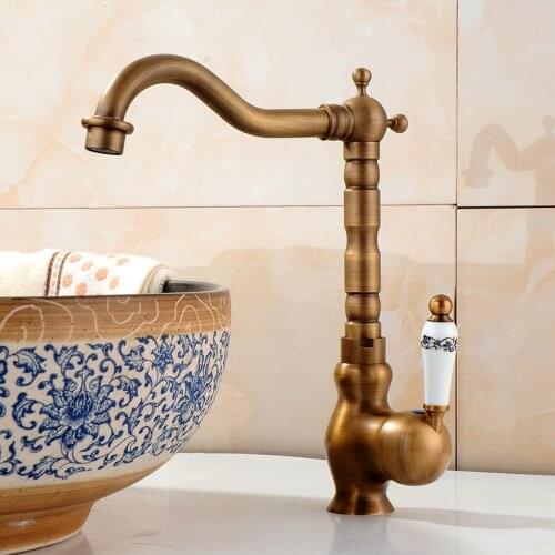 Antique Brass Finish Kitchen Faucet Bronze Single Handle Hot and Cold Water Sink Tap 360 Swivel Bathroom Sink Mixer Taps