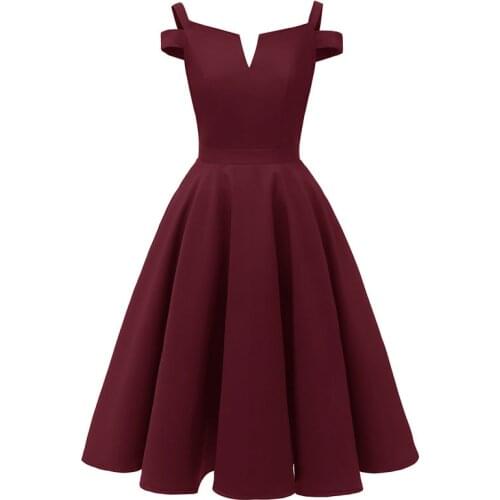 Womens Full Dress 1950s V-neck Sling Evening Midi Skater Dress L36549