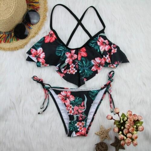 Summer Push Up Bikini 2019 Lotus Leaf Edge Swimsuit Retro Vintage Bathing Suit Women Printed Swiming Suits Halter Top Swimwear