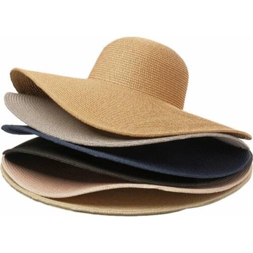Summer Solid Straw Hat for Women Big Wide Birm Beach Hat Foldable Sun Hat Ladies Outdoor Vacation UV Protection Panama Sun Cap