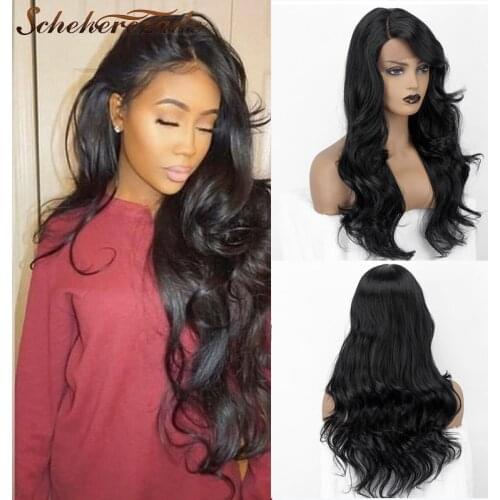 Body Wave Lace Front Wig Black Synthetic Lace Front Wig For Black Women Cosplay Wig With Bangs Party Heat Resistant Scheherezade