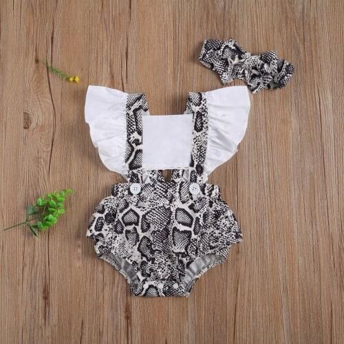 Pudcoco Newborn Baby Girl Clothes Baby Romper Fly Sleeve Patchwork Hollow Crotch Buttons Snakeskin Printed Headband 2Pcs Outfits