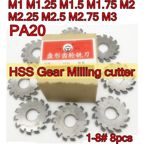 M1 M1.25 M1.5 M1.75 M2 M2.25 M2.5 M2.75 M3 Modulus PA20 degrees NO.1-NO.8 8pcs/set HSS Gear Milling cutter Free shipping