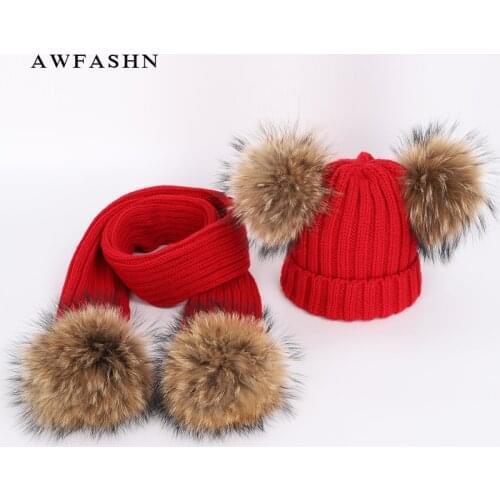 New Cute Childrens Raccoon Fur pom poms Knit Beanie Hat Scarf Boy Girl Winter Thicken Hedging Cap Scarves Soft Ski Baby Kids