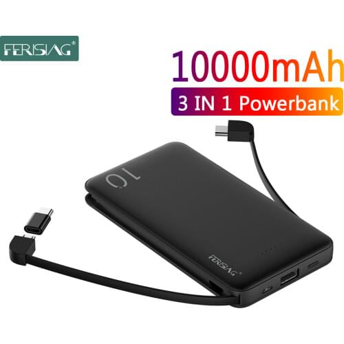 FERISING With Cable Power Bank 10000mAh USB Portable Charger PowerBank External Battery Charging Pack For iPhone Samsung Xiaomi