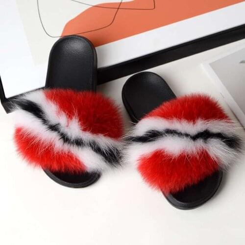 NEW Womens Fur Slides Plush Flip Flops Beach Fluffy Designer Shoes Female Real Fox Furry Sandals Ladies Raccoon Fur Slippers