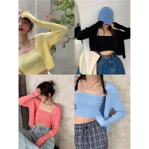 Women Knitted Suspender Knitted Cardigan 2021 Spring Long Sleeved Crop Tops Korean Style Short Top Casual Fashion Suits