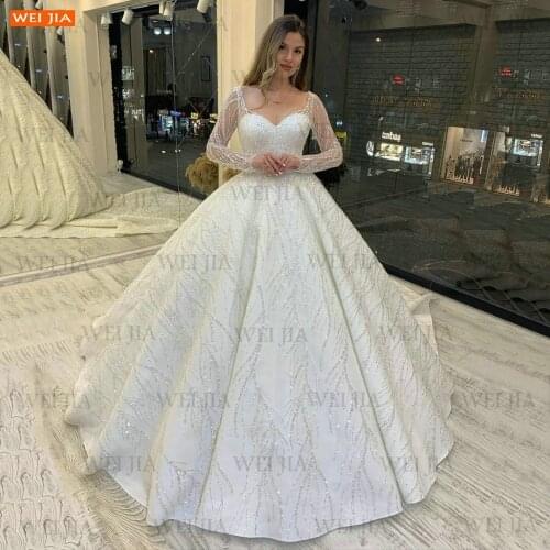 Sparkly Wedding Gown 2021 Long Sleeves Custom Made Vestido De Novia Court Train Bride Dresses For Women Arabic Robe De Mariage