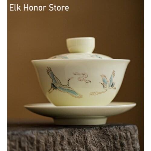 210ml Retro Crane Art GaiWan Japanese Style Ceramic Tea Tureen Phoenix Jade Porcelain Ceramic Bowl With Lid Kung Fu Tea Teaware