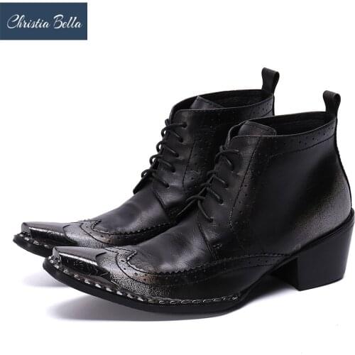 Christia Bella New Carved Square Toe Real Leather Men Boots Mid Heel Increase Height Ankle Boots Male Cowboy Lace Up Short Boots