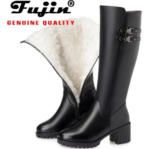 Fujin Wool Warm Women Snow Boots Genuine Leather High Boots Plush Fur Warm Shoes Fashion Zipper Platform for Women Winter Boots