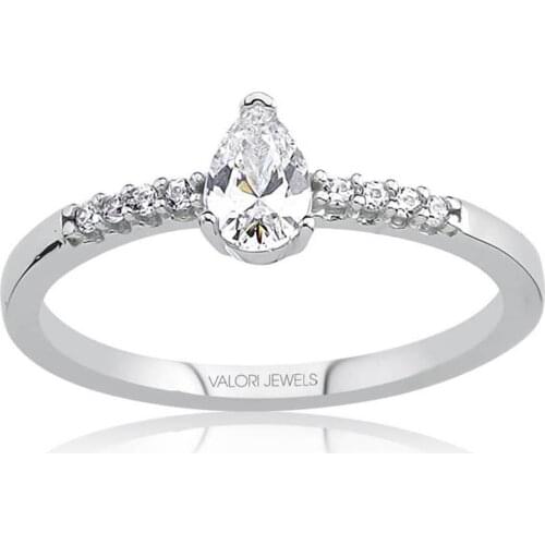 Valori Jewels 0.33 Carat, Zirconia White Pear Gemstone, Rhodium Plated, Sterling Silver Solitaire Ring