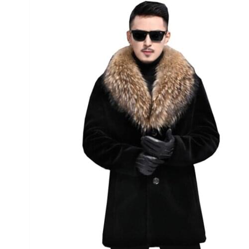 Black faux mink fur leather jacket mens warm fur leather coat men loose jackets big collar clothes winter autumn thicken fashion