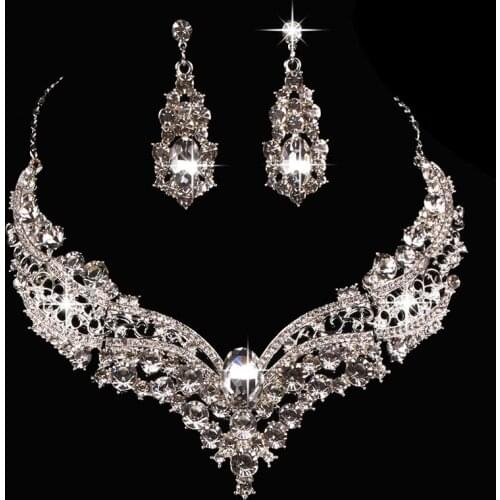 Crystal WaterDrop Choker Necklace Earrings Set Bridal Wedding Jewelry Sets Elegant Silver Color Wedding Party Jewelry For Women