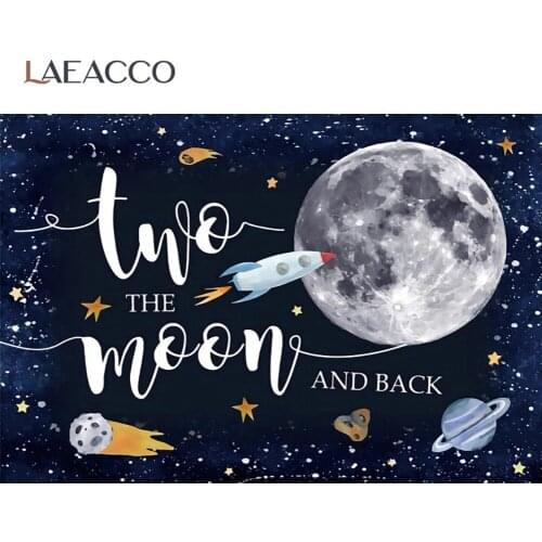 Laeacco Cartoon Spaceship Two The Moon Planet Star Personalized Banner Child Photozone Photo Background Photographic Backdrops