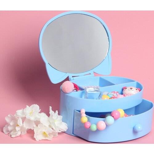 Mini Plastic Box Children Drawer Double Jewelry Storage Box Desktop Cartoon Dressing Desktop Earrings Makeup Mirror Color Cute
