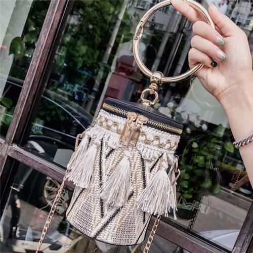 Fashion Contrast Color Tassel Vintage Shoulder Bags Unique Chain Diagonal Cross Portable Cylinder Bag Casual Women Bags