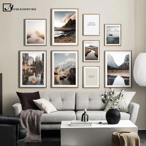 Morning Sunrise Nature Landscape Painting Mountain Lake Canvas Poster Nordic Style Art Print Gallery Wall Decoration Picture