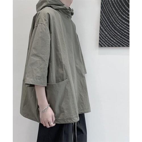 Men 2021 Summer Short Sleeve Fashion Hooded Loose Flow Shirt Harajuku Pullover Tops Tees Hip Hop Streetwear Hombres Solid Color