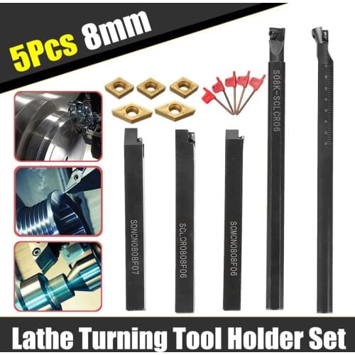 5Pcs 8MM Alloy Steel Indexable Lathe Turning Tool Holder Set With DCMT070204 CCMT060204 Blade Wrenches