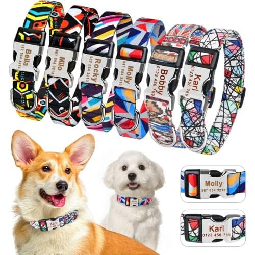 Engraved Fancy Adjustable Engraved Custom Dog Collar Regulable Colorfast Nylon Dog Collar Small Large Unisex Cat Pet Dog Collar