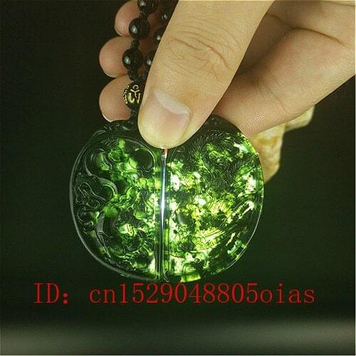 Certified Chinese Natural Black Green Jade Dragon Phoenix Couple Pendant Necklace Charm Jewelry Obsidian Carved Amulet Gifts