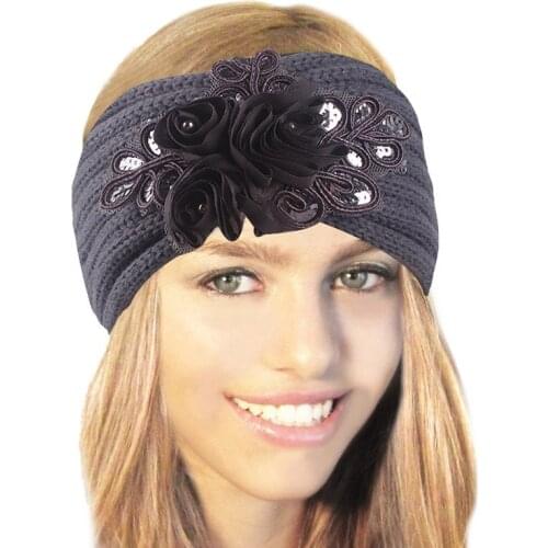 European and American popular girls hair accessories sequined flower wool headband handmade crocheted warm hair band