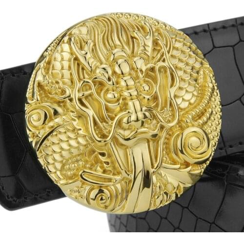 High Quality Casual golden round buckle Copper Crocodile Grain genuine leather designer belts mens slide Black smooth button