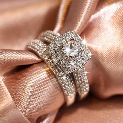 Luxury Female White Square Crystal Ring Charm Silver Color Engagement Rings for Women Vintage Bridal Zircon Wedding Ring Set