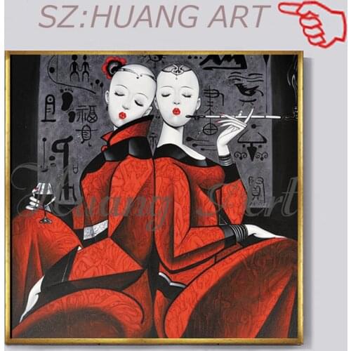 Hand-painted oil painting canvas bald woman that beautiful girl dressed in red sofa in the adornment of the bedroom restaurant