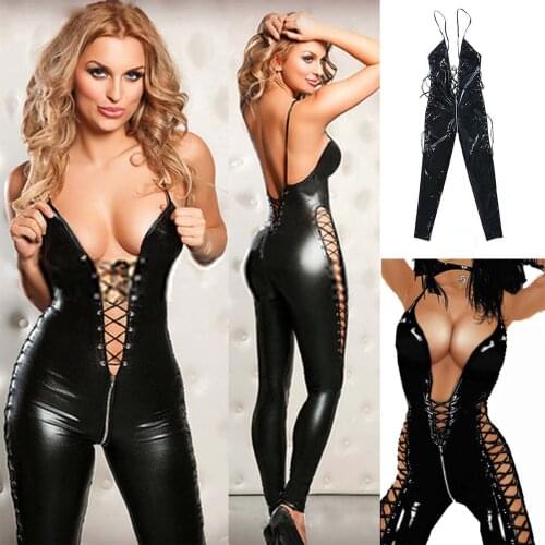 Sexy Lingerie Leather Bodysuit Women latex Teddies Lace-Up Zipper sex underwear Bodysuits Crotchless Sleeveless Body Clubwear