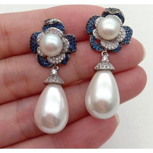 YYGEM White Teardrop Sea Shell Pearl silver plated Blue Cubic Zirconia Pave Flower Stud Earrings cute birthday for women