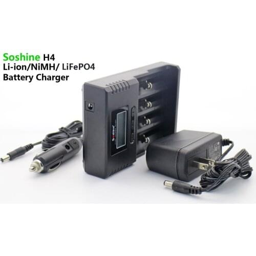Soshine H4 LCD Smart Universal Adjustable Current Charger for 26650 18650 16340 Li-ion LiIFePO4 NiMH 1.2V C AA AAA w/Car charger