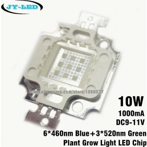 10W High Power LED Plant Grow Light Chip, 1000mA DC9-11V 45mil 6* 460nm Blue 3*520nm Green Golden Wire Copper Stent Light Source