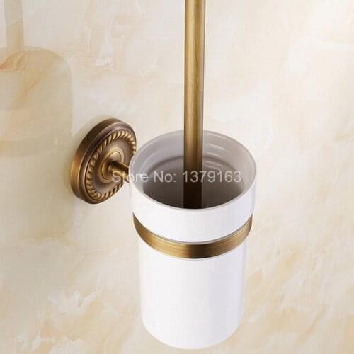 Vintage Retro Antique Brass Wall Mounted Toilet Brush & Holder Set White Brush Ceramic Cup Bathroom Accessory aba271