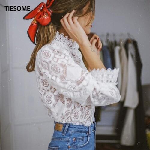 TIESOME Lace Hollow Out Sexy Woman Clothes Top Tee Shirts for Women 2020 Fall New Office Lady Elegant tshirts Female Tops