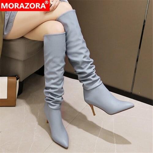 MORAZORA 2021 big size 34-43 women boots stiletto high heels pointed toe winter boots pointed toe knee high boots black