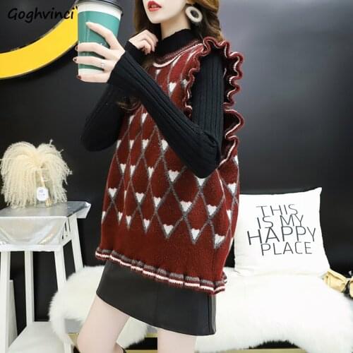 Sweater Vest Women Argyle O-neck Ruffles Fungus-line Korean Style Sweet All-match Knitting Casual Womens Chic Autumn New Retro