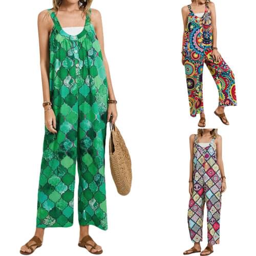 Women Sleeveless Loose Boho Jumpsuit Foral Pattern U-shaped Collar Ethnic Style Overalls Plus Size Buttons Suspender Jumpsuit