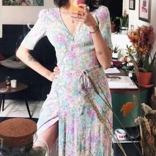 Women Short Sleeve Wrap Midi Dress 2020 New Summer 100% Viscose V-neck Flower Printed Holiday Split Long Dresses Sundress