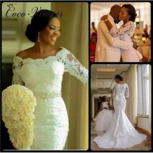 African Mermaid Wedding Dress Boat Neck 3/4 Sleeve Pure white New Lace Embroidery Bead Sashes Bridal Wedding Dresses W0362
