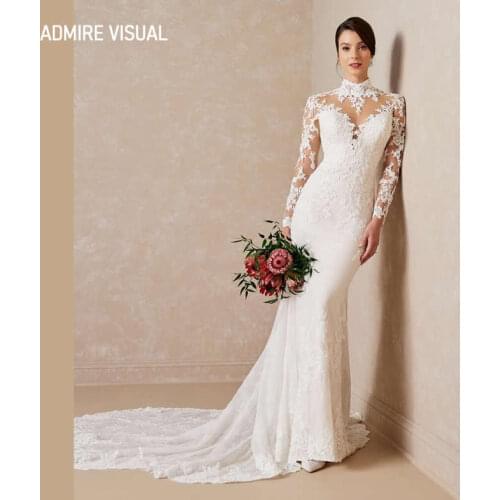 Newest Wedding Dress Mermaid Lace High Neckline Full Sleeves Open-Back Plus Size Bride Gown 2021 Vestidos De Novia