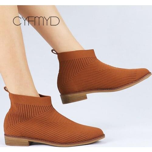 2021 Fashion Knit Sock Boots Women Elastic Slip on Boots Ladies Plus Size 41 Wood Bottom Ankle Boots Woman Stretch Winter Shoes