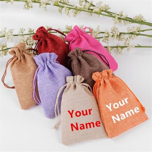 50Pcs/lot Fashion Drawstring Burlap Bag Personalized Name Gift Bags for Jewelry Packaging Jute Packing Wedding Candy Bags