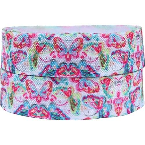 50 yards/lot) Spring season foe, 5/8" flower and butterfly printed fold over elastic